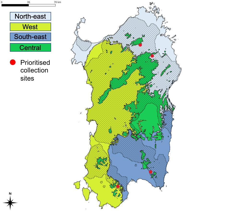 The regions of provenance and seed collection zones  of Q. suber in Sardinia