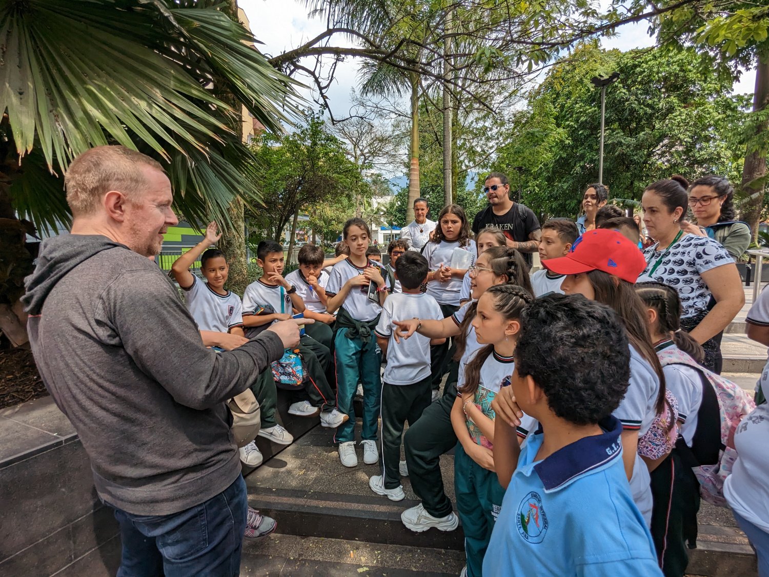 Students in Envigado, Colombia on a visit to the area they will re-design in Minecraft