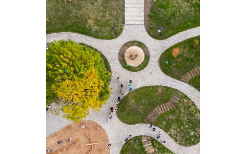Aerial view of path radiating from a centre point with grassland between the paths