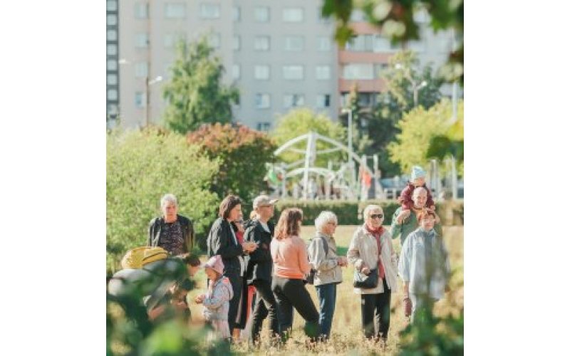 Group of people outside near a playground