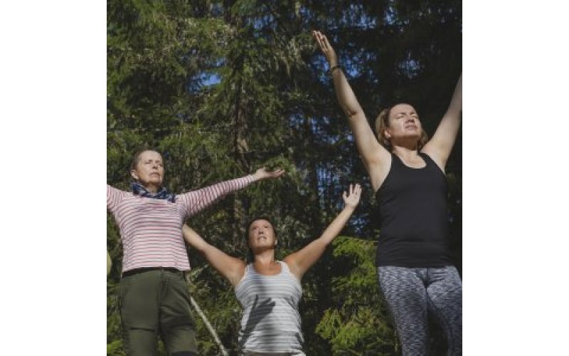 Three women in forest holding Vrikshasana yoga pose