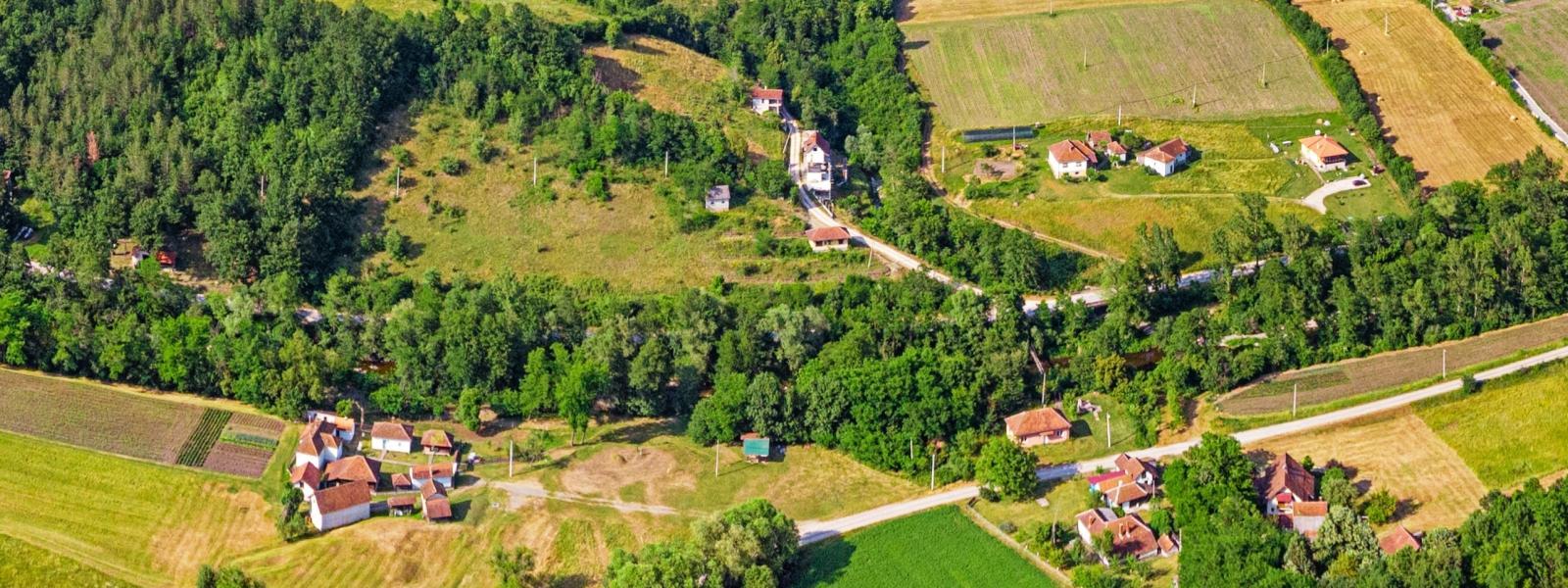 serbian countryside birdseye view of houses and green space