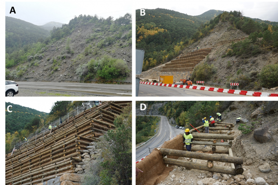 A) The till slope at St. Elena in June 2019. Loose blocks often hit the road, and small landslides often occur during heavy rain, exposing more blocks to threaten the road. B) The St. Elena slope on 11. October 2022. The road has been temporarily moved. The 7th of the ten planned terraces are being built. C) Close-up of the wooden terraces. D) Construction of the wooden gabions supporting the terraces. Notice the use of coconut mats on the outer parts of the gabions.