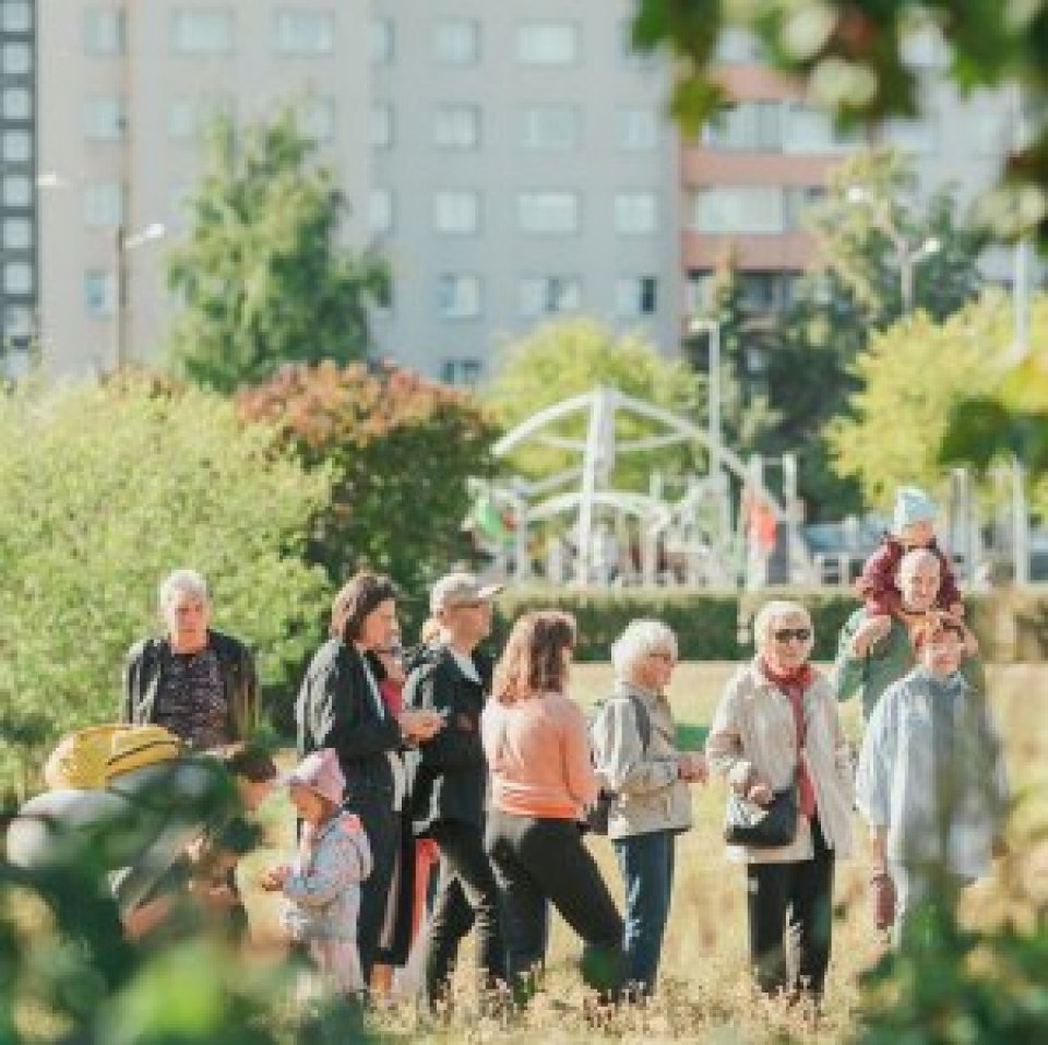 Group of people outside near a playground