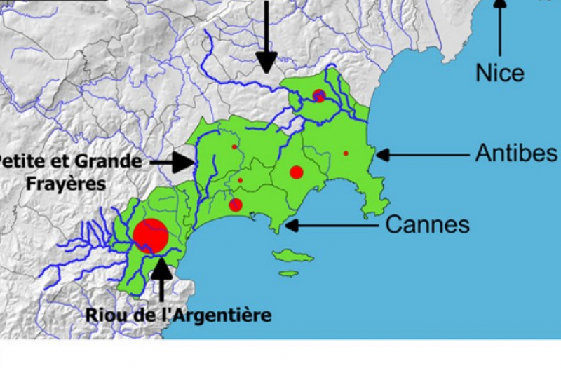 Locations of the Brague river and other catchments and municipalities heavily touched by the Oct. 2015 flood disaster © NAIAD D6.1