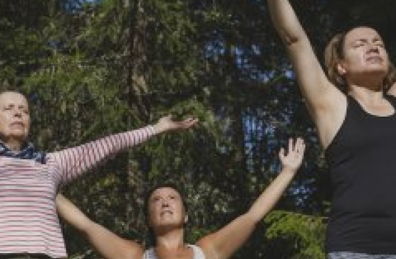 Three women in forest holding Vrikshasana yoga pose
