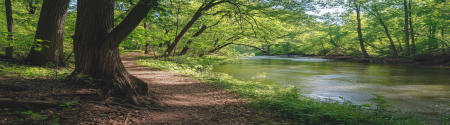 tree lined river with dirt pathway