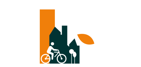 regreeneration logo with orange sky scraper, black house and white cut out of person cycling