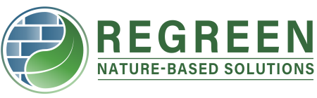 REGREEN logo circle with green leaf curling round blue bricks