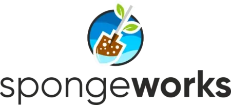sponge works logo - blue circle with spade of soil through the middle with green shoot coming out of the top