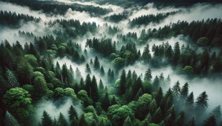 Forest tree tops with mist 