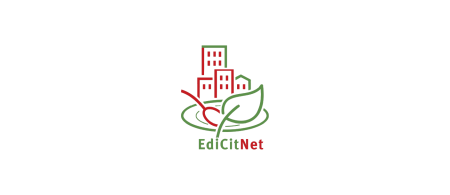 edicitnet logo - red cityscape with green leaves wrapping round - all in a thick outline with white space between graphics