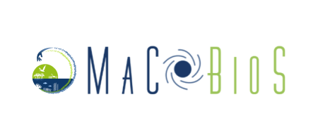 macbios logo - circle with lower half as water in blue with a small green hill and the outer part of the circle swooping round in blue and green