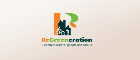 regreeneration logo with orange sky scraper, black house and white cut out of person cycling