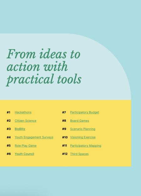 From actions to ideas - youth toolkit contents page - blue background with yellow overlay