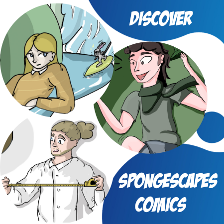 An image showing the three main characters of the comics (the young researchers).