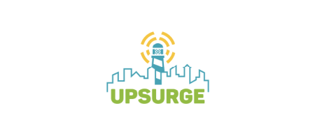 upsurge logo - blue outline of sky scrappers with UPSURGE in green block letters