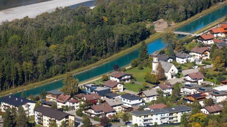 Aerial view of historic Reutte city in Austria by the lech river.
