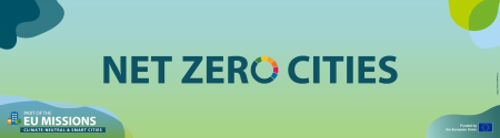 net zero cities banner - gradient blue and green background