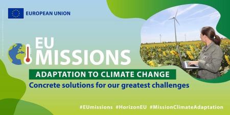 Background of green shapes with title "EU Missions - Adaptation to climate change"