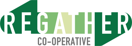 Regather logo - "regather" word stretched over double ended arrow with different shades of green