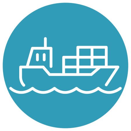 navigation icon - boat on water in thick white outline on sea blue background