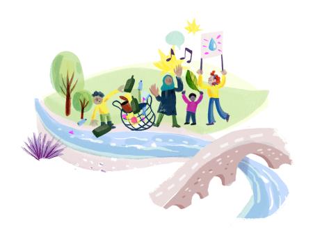 NetworkNatureRoadmap_Pathway03 - painted illustration showing bridge with water running underneath and people playing, singing, and talking on the side of the river with trees and vegetation