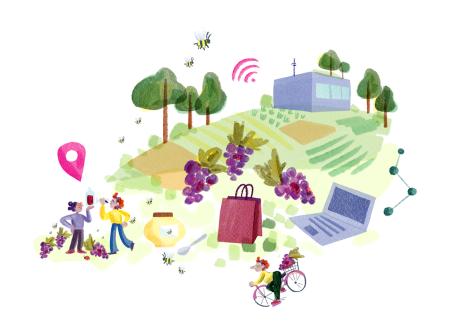 ICLEI_NetworkNatureRoadmap_Pathway06 - green space with laptops, bikes, and people exploring the area showing connection with wifi signal and a location point illustration