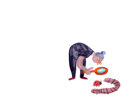 roadmap graphic - older woman bending down using magnifying glass to inspect worm and ladybug - fun colourful illustration