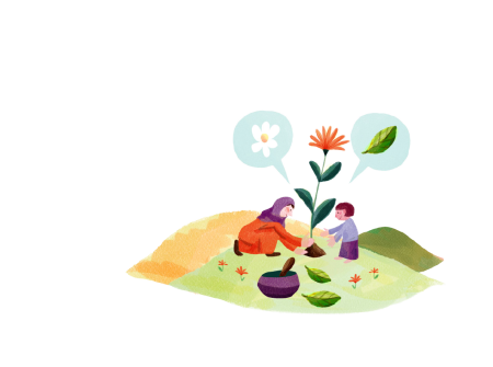 flowers growing and being tended to by a mother and child in fun illustration style