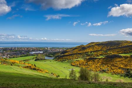 Holyrood Park Lothian landscape, Scottish Lowlands in spring in Edinburgh, Scotland, UK.