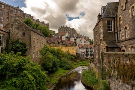 Dean Village view from Bell’s Brae Bridge, Edinburgh, Scotland, United Kingdom.