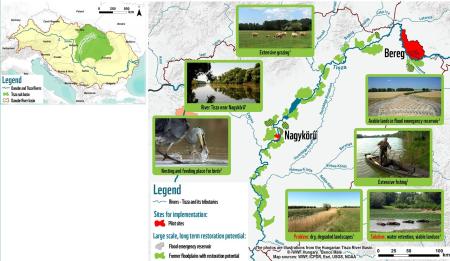 Image of a map showing the Tisza catchment with a smaller map showing the location of the catchment within Hungary.