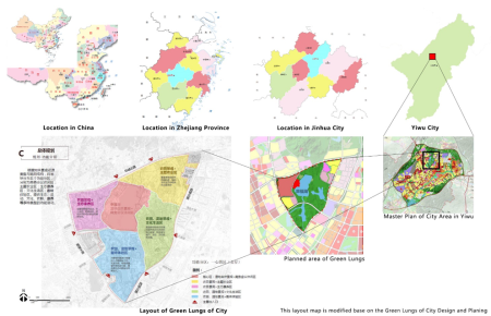 A series of maps showing the areas and zones for the green lung plan for Yiwu City.