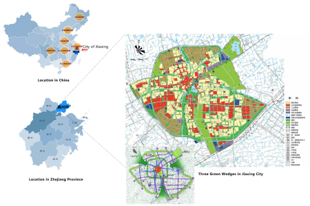  Three maps showing the location of Zhejiang Province in China ; the location of Jiaxing of Zhejiang Province and the case study area and it's land cover.