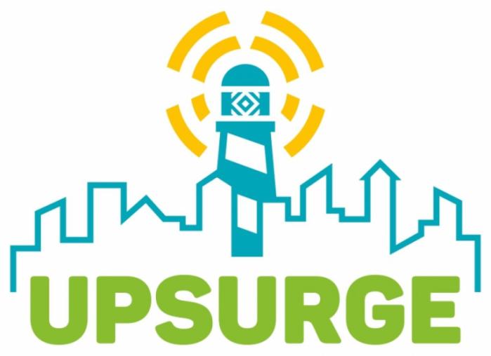 UPSURGE logo text in green, lighthouse behind a city outline