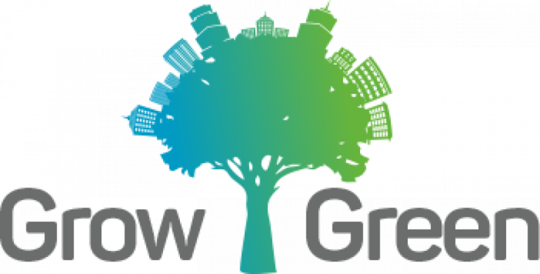 Grow Green text logo, a tree with city landscape as leaves