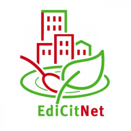 EdiCitNet logo text with leaves in front and buildings in background