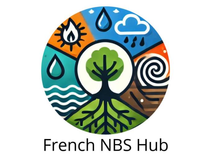 French NBS Hub logo with symbols for water, fire, atmosphere and farmland joined to the root network of a central tree.