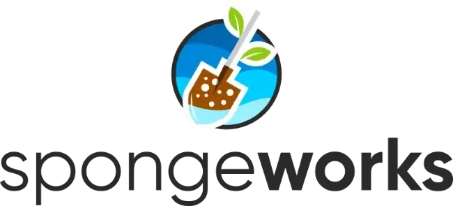 sponge works logo - blue circle with spade of soil through the middle with green shoot coming out of the top
