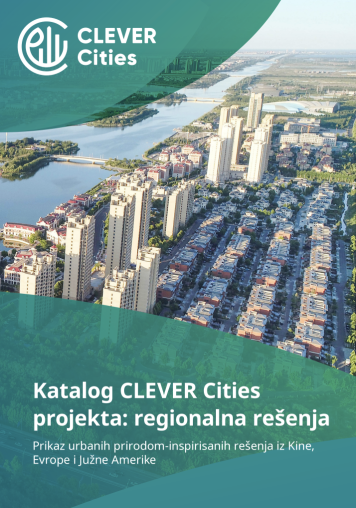 clever cities catalogue cover - city scape with skyscrapers and water/greenery on the outskirts