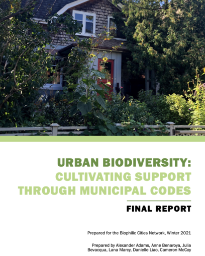 URBAN BIODIVERSITY: CULTIVATING SUPPORT THROUGH MUNICIPAL CODES report cover with house on the front covered in trees