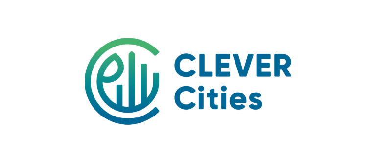 clever cities logo - blue and green circle with plant and lines representing sky scrapers inside