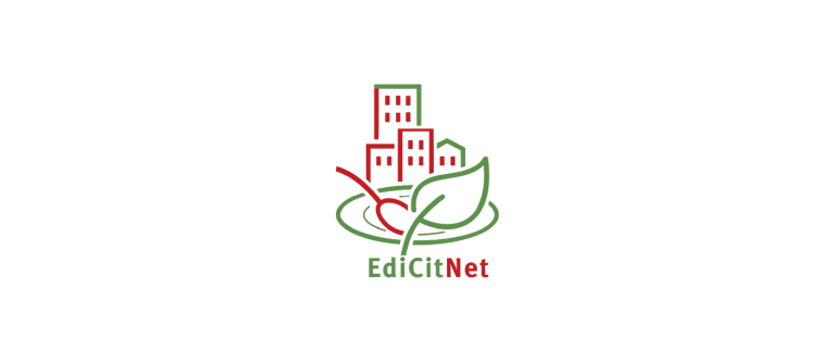 edicitnet logo - red cityscape with green leaves wrapping round - all in a thick outline with white space between graphics