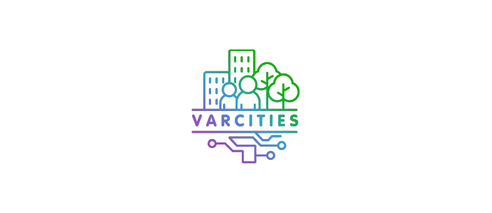 VARCITIES logo - skyscrapers and trees outline in purple and green outline