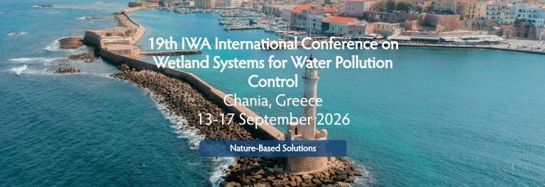 A harbour in Greece in the background, with the conference title in the center