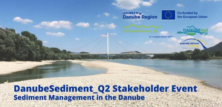 Background picture of the Danube river with the title "DanubeSediment_Q2 Stakeholder Event"