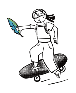 Black and white comic of a girl riding a skateboard while holding a teal-colored leaf
