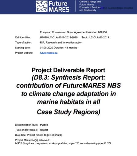 D8.3: Synthesis Report: contribution of FutureMARES NBS to climate change adaptation in marine habitats in all Case Study Regions report cover