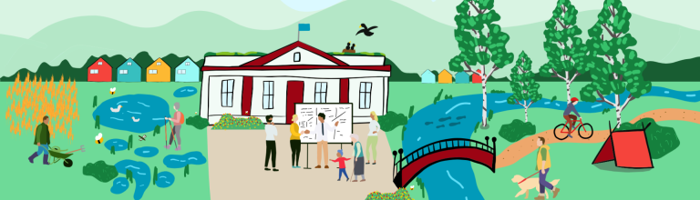 Illustration for the Nordic Policy Handbook for Nature-based Solutions, showing Nordic landscapes, buildings, water and nature.